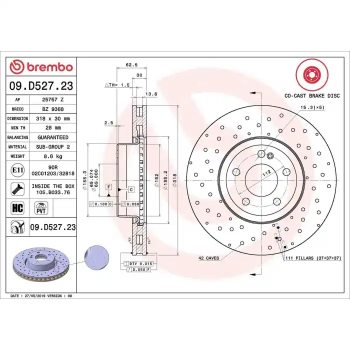 Nuova Collezione Discofreno Singolo 09.D527.23 BREMBO per MERCEDES-BENZ